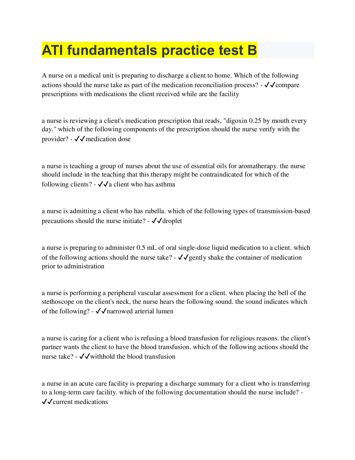 Preview of ATI fundamentals practice test B (LATEST UPDATE) 60 Questions with 100% Correct Answers